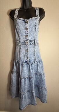 Wisteria Lane‎ LA Acid Wash Denim Tiered Midi Pinafore Dress Size S
